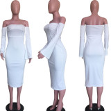 SC White Long Sleeve Slash Neck Slim Midi Dress ORY-5164