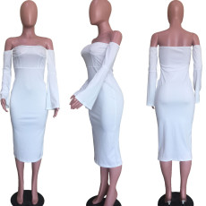 SC White Long Sleeve Slash Neck Slim Midi Dress ORY-5164