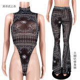 SC Sexy Mesh Printed Bodysuit Flared Pants 2 Piece Sets ASL-6290