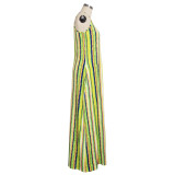 SC Colorful Striped V Neck Spaghetti Strap Loose Maxi Dress SMR-9661