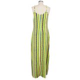 SC Colorful Striped V Neck Spaghetti Strap Loose Maxi Dress SMR-9661