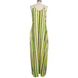 SC Colorful Striped V Neck Spaghetti Strap Loose Maxi Dress SMR-9661