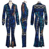 SC Sexy Printed V Neck Long Sleeve Flared Jumpsuit SMR-9634