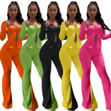 SC Solid Long Sleeve Zipper Flared Pants 2 Piece Sets HM-6336