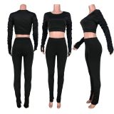 SC Solid Long Ruched Sleeves Split Pants Two Piece Sets HHF-9037