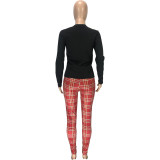 SC Fashion Trend Cartoon Long Sleeve Top Plaid Printed Pants Set MEI-9105