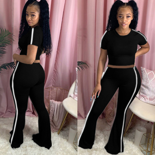 SC Black Casual T Shirt Flared Pants Two Piece Sets BLI-2116