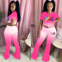 SC Gradient Letter Print T Shirt Flared Pants 2 Piece Sets MN-9261