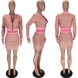 SC Plaid Print Long Sleeve Zipper Mini Skirt 2 Piece Sets LM-8177