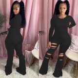 SC Plus Size Solid Long Sleeve Hole Flared Jumpsuits WUM-873