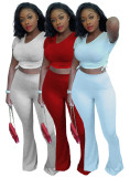 SC Solid Ruched Crop Top Flare Pants 2 Piece Sets LM-8176