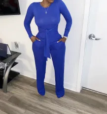 SC Solid Rib Long Sleeve Two Piece Pants Set WSM-5185
