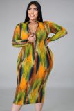 SC Plus Size 5XL Tie Dye Long Sleeves Slim Midi Dress BMF-016