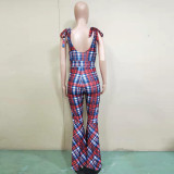SC Plaid Print Strappy Flared Jumpsuits BN-9198