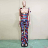 SC Plaid Print Strappy Flared Jumpsuits BN-9198