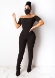Solid Rib Slash Neck Skinny Stacked Jumpsuits With Mask LA-3212