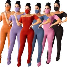 Solid Rib Slash Neck Skinny Stacked Jumpsuits With Mask LA-3212