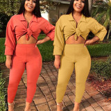 SC Solid Long Sleeve Casual Two Piece Pants Set WAF-7040