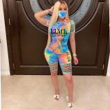 SC Plus Size Fashion Casual Tie-dye Letter Print Two Piece Set With Mask LUO-3098
