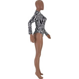 SC Zebra Stripe Long Sleeve Bodysuit And Skirt 2 Piece Sets JCF-7003