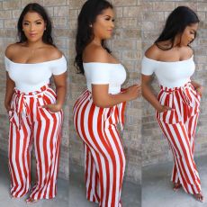 SC Casual Striped Sashes Wide Leg Long Pants JCF-7011