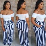 SC Casual Striped Sashes Wide Leg Long Pants JCF-7011