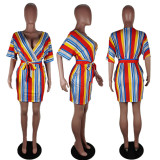 SC Striped Drop Shoulders V Neck Sashes Mini Dress AWF-0021