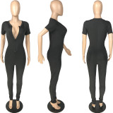 SC Solid Zipper Short Sleeve Sexy Skinny Jumpsuits MN-9266