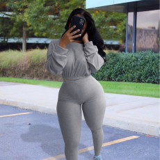 SC Casual Sports Ribbed Long Sleeve Top and Pants Two Piece Set NIK-174