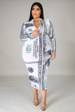 SC Plus Size Dollar Print Long Sleeve Slim Midi Dress BMF-021
