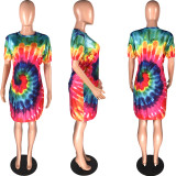 SC Fashion Casual Sexy Tie-dye Print Short Sleeves Loose Dress WAF-7052