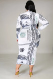 SC Plus Size Dollar Print Long Sleeve Slim Midi Dress BMF-021