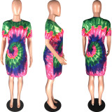 SC Fashion Casual Sexy Tie-dye Print Short Sleeves Loose Dress WAF-7052