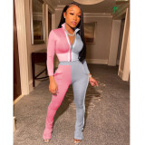 SC Casual Color Block Spliced Tracksuit Long Sleeve Top And Pant Two Piece Set ARM-8223