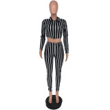 SC Sexy Slim Fit Striped Long Sleeve Top And Pants Two Piece Set FNN-8525