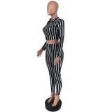SC Sexy Slim Fit Striped Long Sleeve Top And Pants Two Piece Set FNN-8525