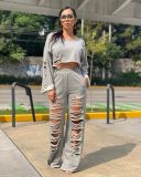 SC Casual Solid Color Ripped Hole Sweatshirts Pants Set TR-1065