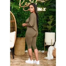 SC Solid Oblique Collar Cropped Pants Two Piece Sets YIM-139
