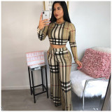 SC Fashion Classic Plaid Print Long Sleeve Top And Pants Two Piece Set ORY-5057