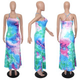 SC Tie Dye Sleeveless Cross Strap Slip Maxi Dress YUF-9027