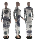 SC Plus Size Dollar Print Mesh Long Sleeves Maxi Dress MX-6012