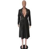 SC Black Leather V Neck Belted Long Coat SMD-2040