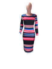 SC Colorful Striped Long Sleeve Slim Midi Dress DMF-8091