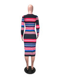 SC Colorful Striped Long Sleeve Slim Midi Dress DMF-8091