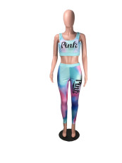 SC Pink Letter Print Tie Dye Fitness Two Piece Sets DMF-8061