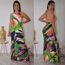 SC Sexy Printed Halter Bacless Maxi Dress DMF-8074