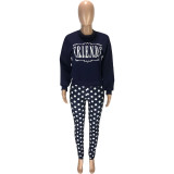 SC Dot Letter Print Long Sleeve 2 Piece Pants Set MEI-9109