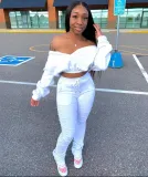 SC Plus Size Fashion Casual Solid Color Long Sleeve Crop Top And Pants Two Piece Set LSD-8768