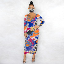 SC Sexy Elegant Print Long Sleeve Slim Fit Maxi Dress Without Mask ABF-6608