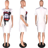 SC Plus Size Lips Print O Neck Short Sleeve T Shirt Dress WAF-7055